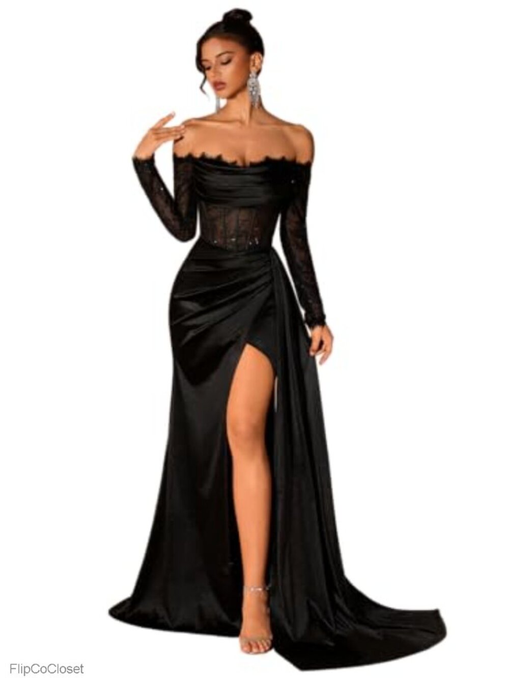 Formal Lace Patchwork Off Shoulder Long Sleeve Backless Floor Length Evening